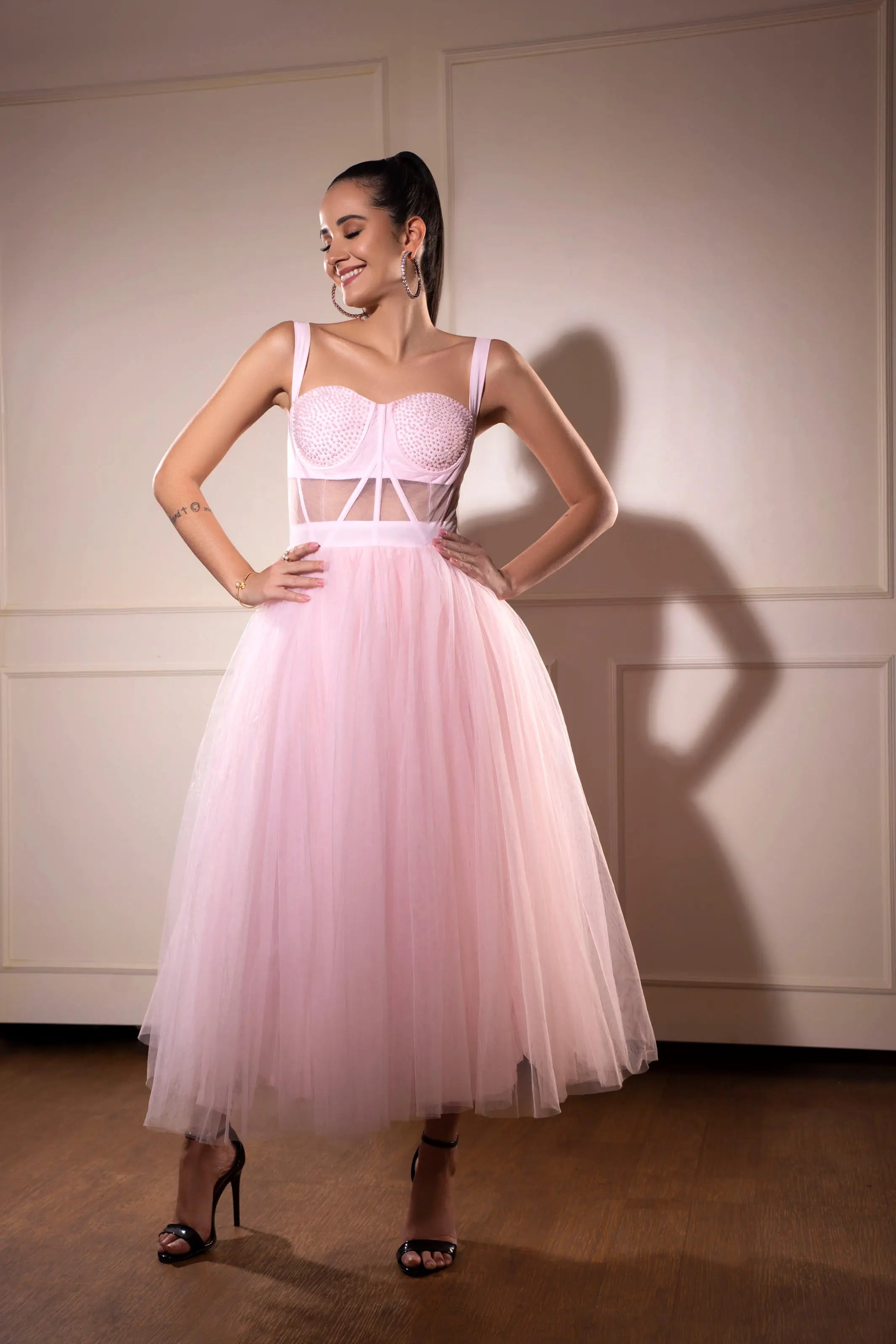 Baby pink tulle midi corset dress freeshipping - Glamfe – Glamfe