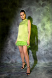 Neon green mini dress with feathers detailing Glamfe